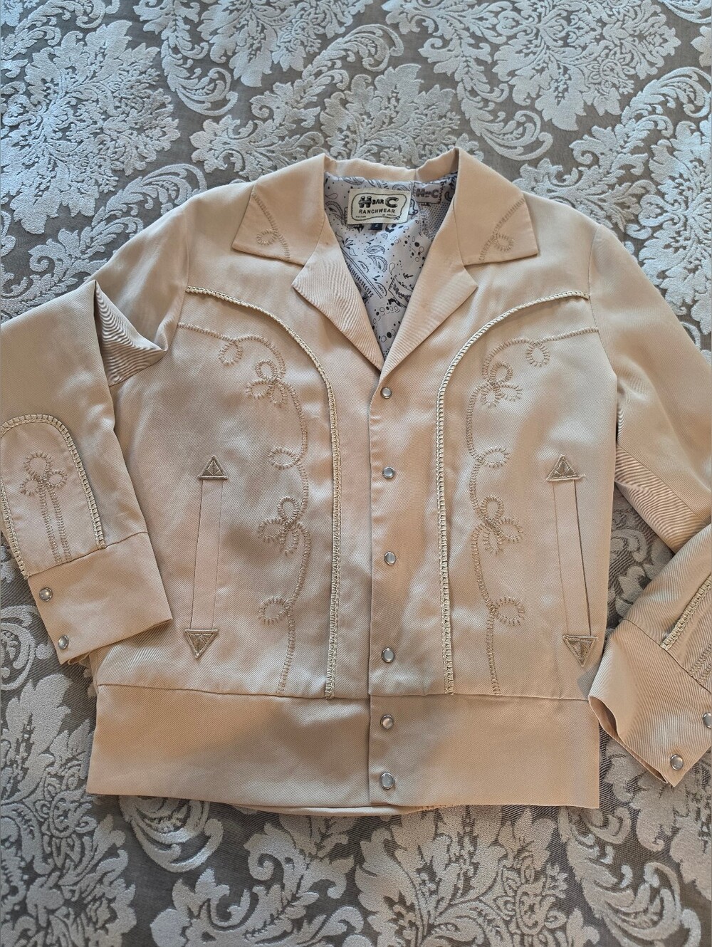 H Bar C Ranchwear Bolero Western Jacket S Beige Tencel Made USA Embroidered